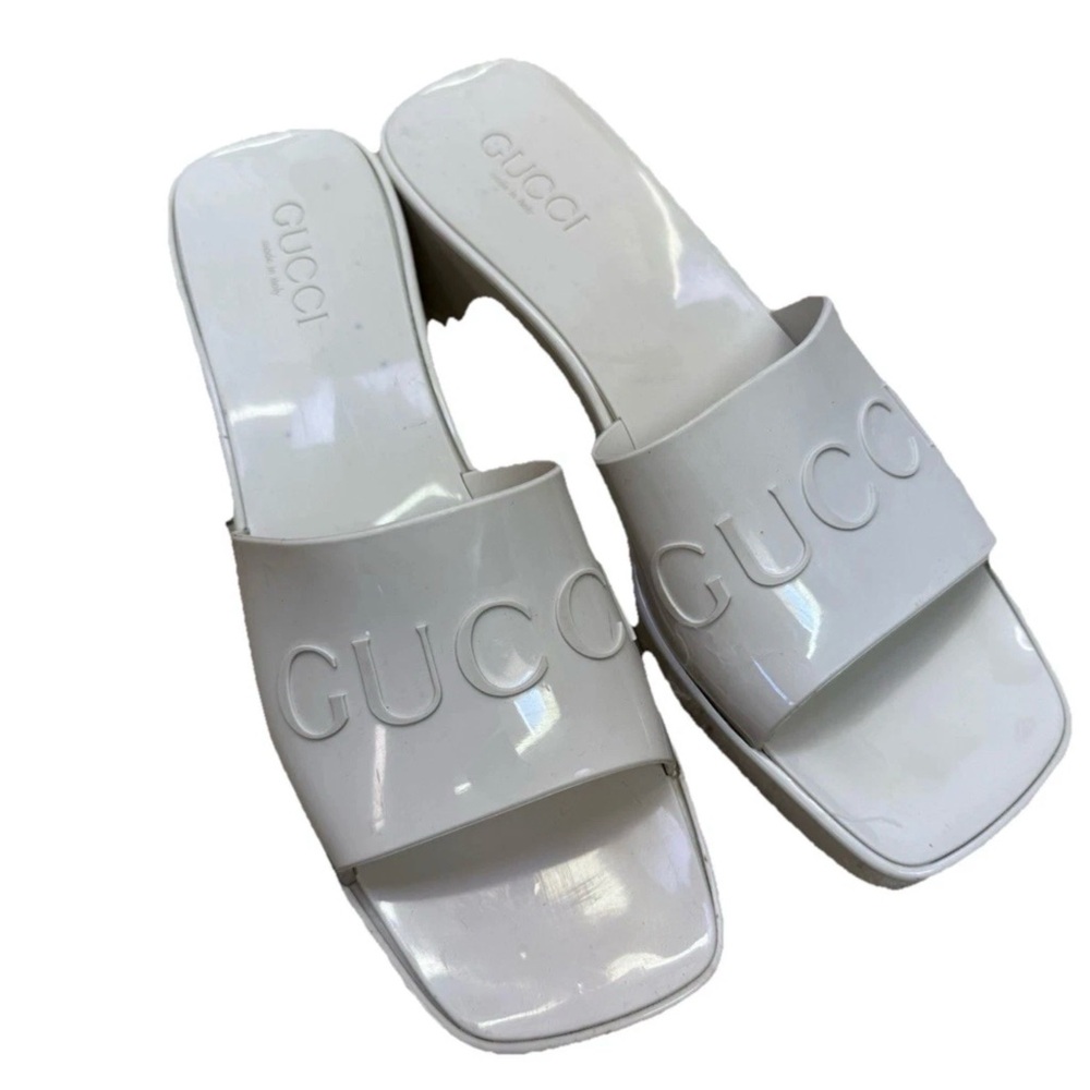Gucci White Patent Logo Slide Mules